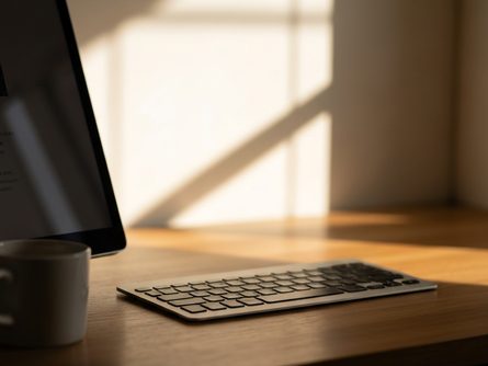 도장이 찍힌 졸업 증명서 문서와 파란색 리본, 흰색 봉투가 놓인 나무 책상