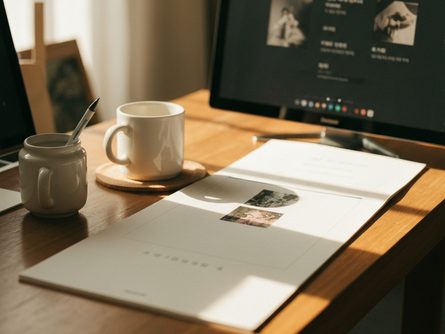 책상 위에 펼쳐진 부동산 계약서 서류, 등기부등본, 인감도장, 볼펜이 놓인 모습