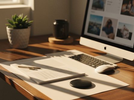 밝은 햇살이 드는 책상 위에 펼쳐진 공인중개사 기출문제집과 형광펜, 노트 클로즈업