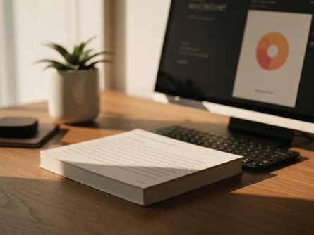 밝은 사무실 환경에서 책상 위에 놓인 서류 파일과 노트북, 볼펜이 있고 뒷배경으로 서류함과 관엽식물이 보이는 장면