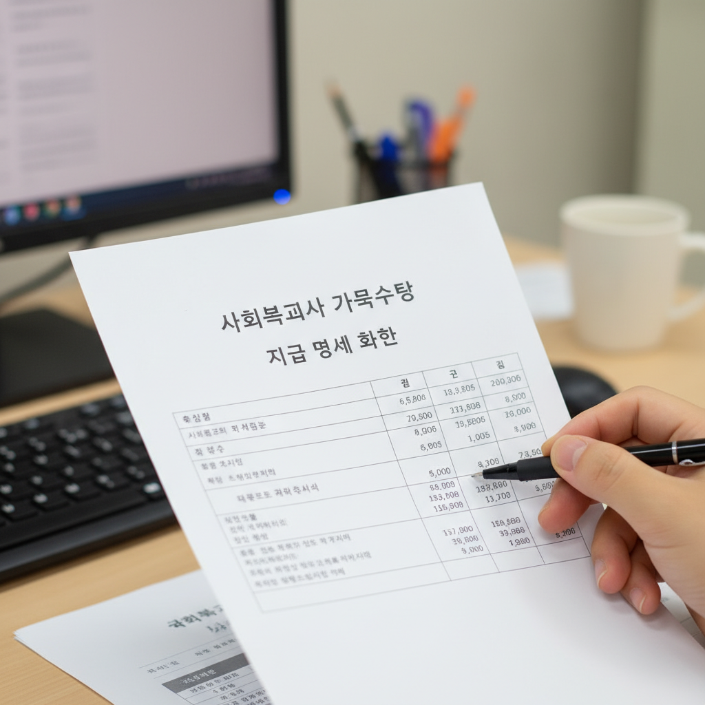 손으로 잡은 급여명세서와 볼펜 클로즈업, 흐릿한 사무실 책상 배경