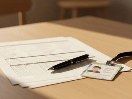 밝은 조명 아래 놓인 요양보호사 시험 문제지와 답안지, 볼펜과 수험표 클로즈업