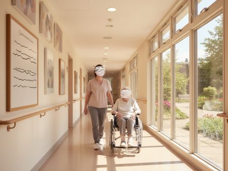 밝은 조명의 요양원 복도, 휠체어를 밀고 있는 요양보호사와 노인, 창밖으로 보이는 정원