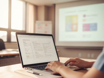 밝은 회의실에서 노트북과 교재를 펼쳐놓고 학습 중인 요양보호사의 손 클로즈업, 뒷배경에 흐릿한 교육 화면