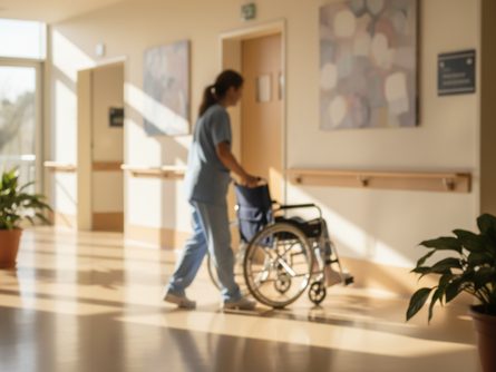 햇살이 드는 요양시설 복도, 요양보호사가 휠체어를 탄 어르신과 대화하는 모습