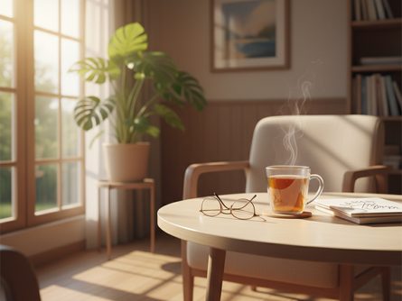 밝은 햇살이 드는 요양원 상담실 창가, 테이블 옆에 놓인 따뜻한 차와 안경, 부드러운 분위기