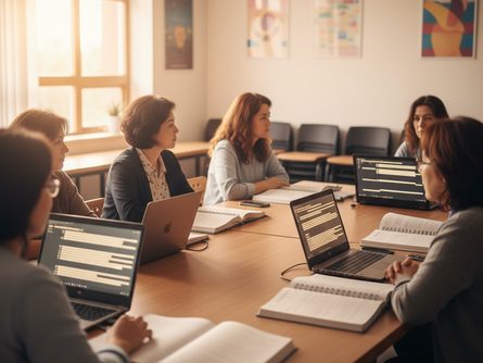 밝은 복지센터 강의실 안, 테이블에 둘러앉아 노트북과 교재를 펼쳐놓고 경청하는 중년 여성 교육생 여러 명