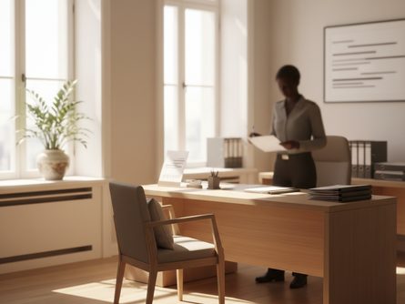 밝은 창가가 있는 행정 사무실, 책상 앞에서 서류를 검토하는 직원과 의자에 앉아 기다리는 방문자