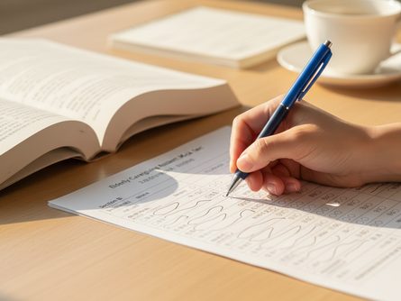 밝은 조명 아래 펼쳐진 요양보호사 교재와 시험 문제지, 손으로 볼펜을 잡고 답안을 표시하는 클로즈업