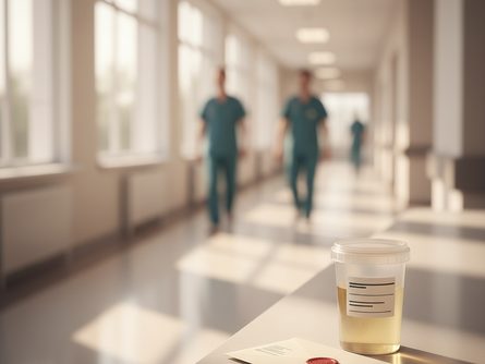 밝은 복도에 놓인 병원 소변 검체 용기와 진단서 봉투, 흐릿한 의료진 배경