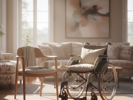 햇살 비치는 거실에서 휠체어에 앉은 노인과 나란히 서 있는 요양보호사 가족, 따뜻한 분위기